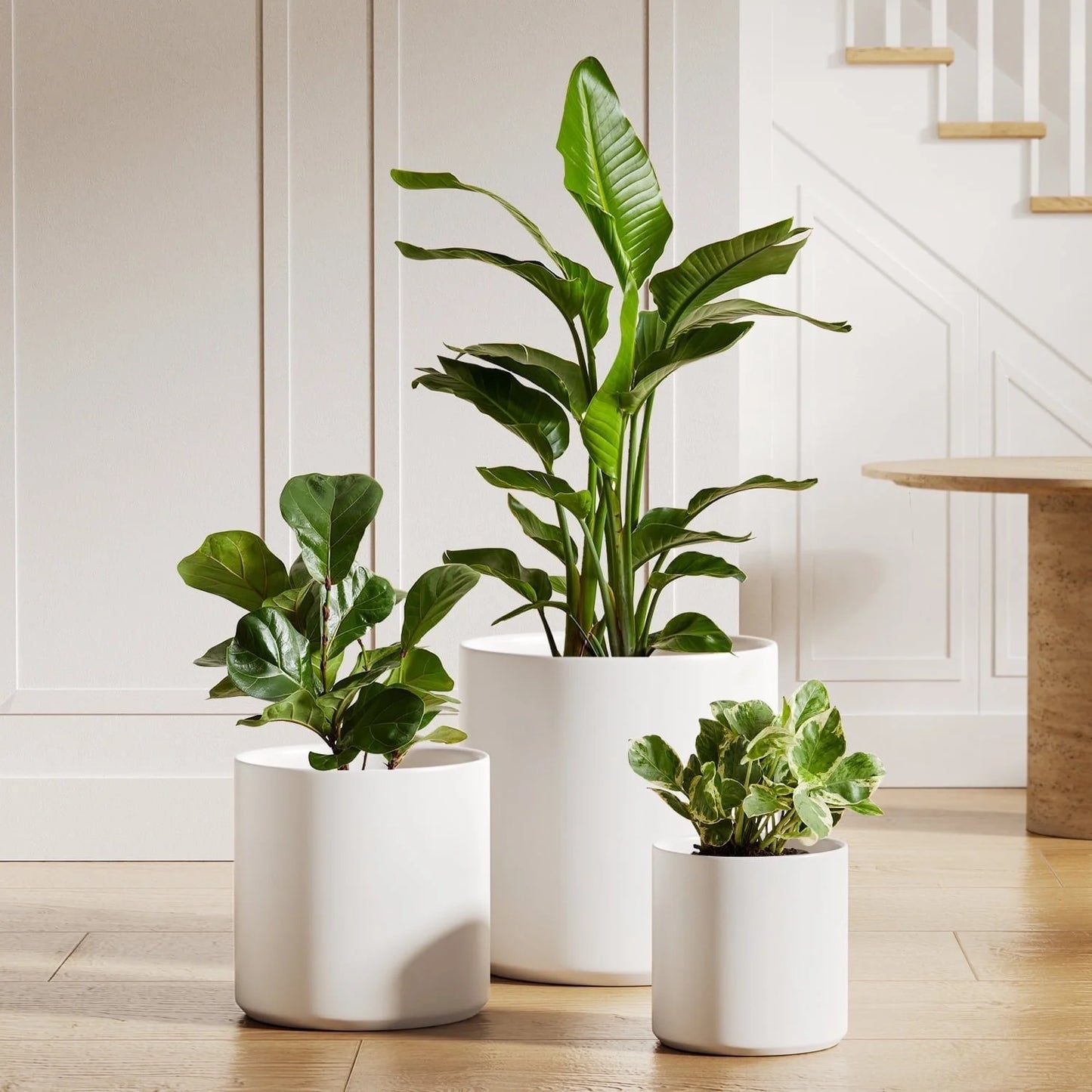 Set of 3 White Indoor Plant Pots (10", 8", 6") with Drainage Hole and Plug for Indoor and Patio Decoration