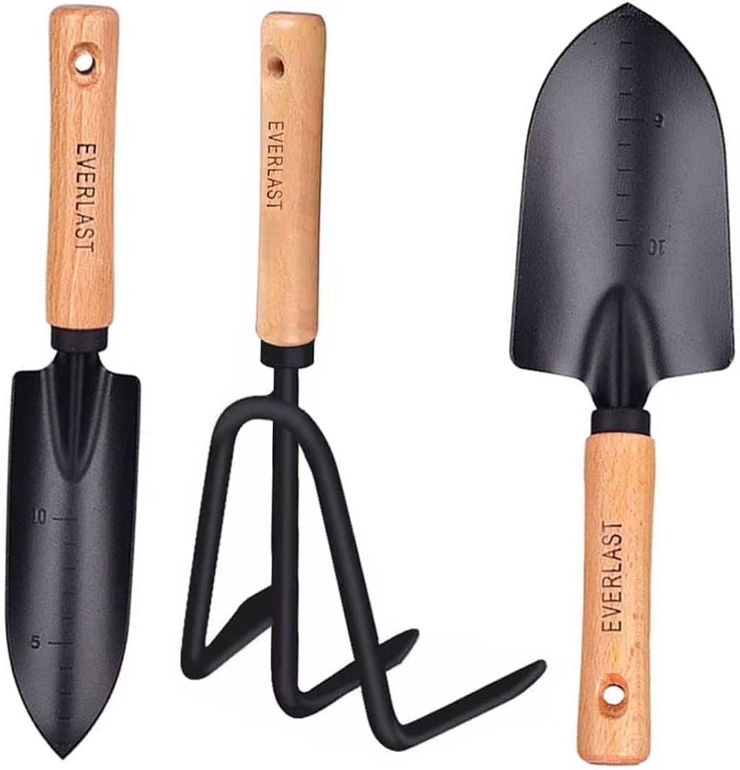 Minimalist Gardening Tool Set with Wooden Handles - Includes Narrow Trowel, Wide Trowel, and Garden Rake for Succulent Transplanting (3 Pieces)