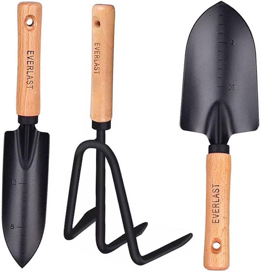 Minimalist Gardening Tool Set with Wooden Handles - Includes Narrow Trowel, Wide Trowel, and Garden Rake for Succulent Transplanting (3 Pieces)