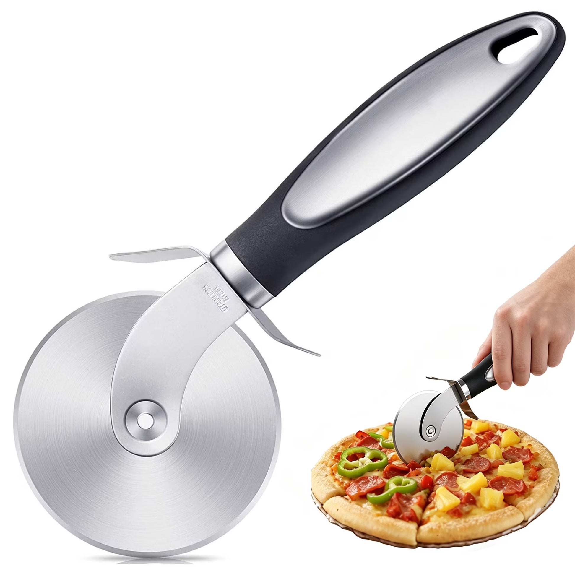 Professional Pizza Cutter Wheel - Premium Food Grade Stainless Steel, Heavy Duty Slicer with Non-Slip Handle and Finger Protector