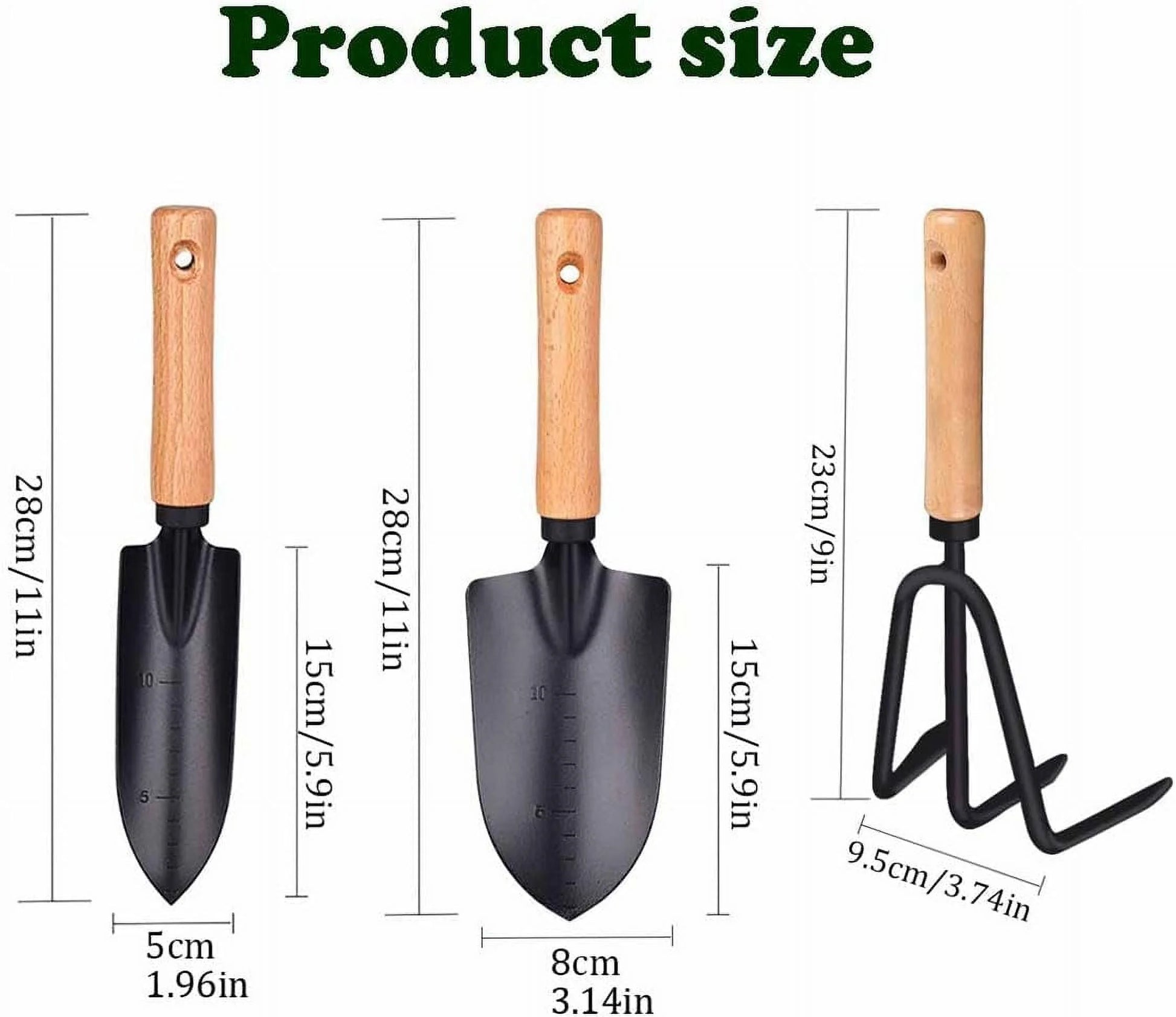Minimalist Gardening Tool Set with Wooden Handles - Includes Narrow Trowel, Wide Trowel, and Garden Rake for Succulent Transplanting (3 Pieces)