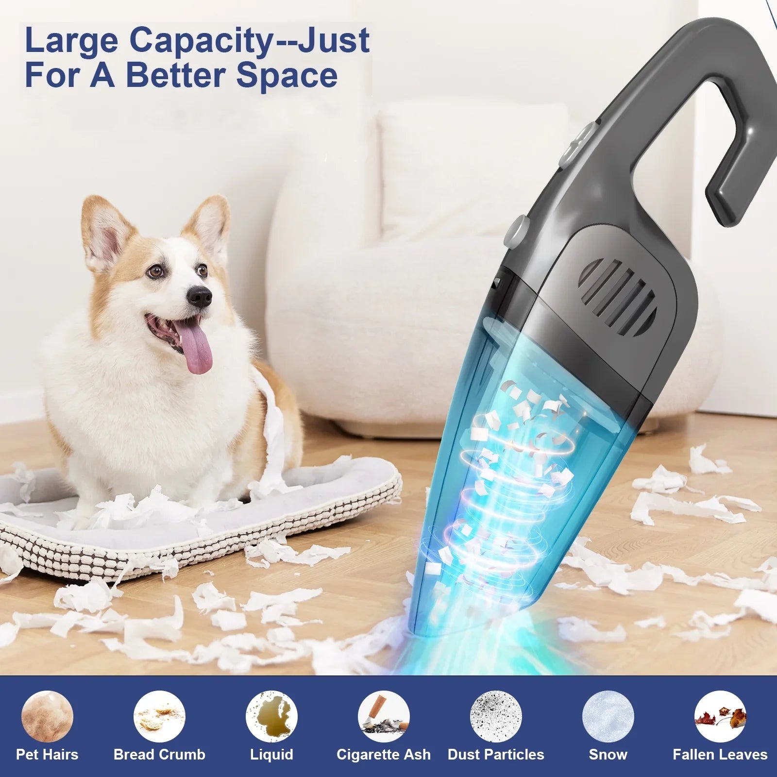 Cordless Portable Car Vacuum Cleaner - 7.5KPA Powerful Handheld Wet/Dry Vacuum for Home and Pet Hair