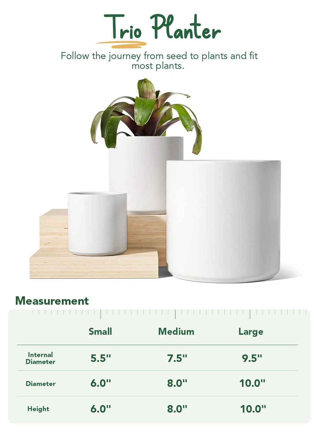 Set of 3 White Indoor Plant Pots (10", 8", 6") with Drainage Hole and Plug for Indoor and Patio Decoration