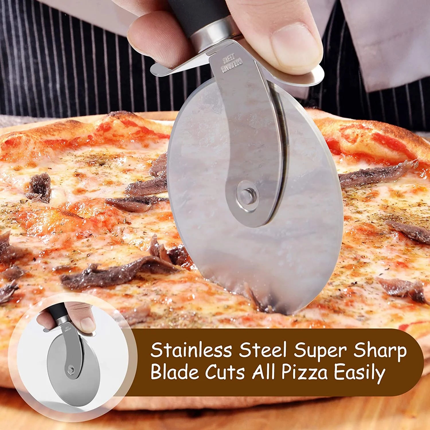 Professional Pizza Cutter Wheel - Premium Food Grade Stainless Steel, Heavy Duty Slicer with Non-Slip Handle and Finger Protector