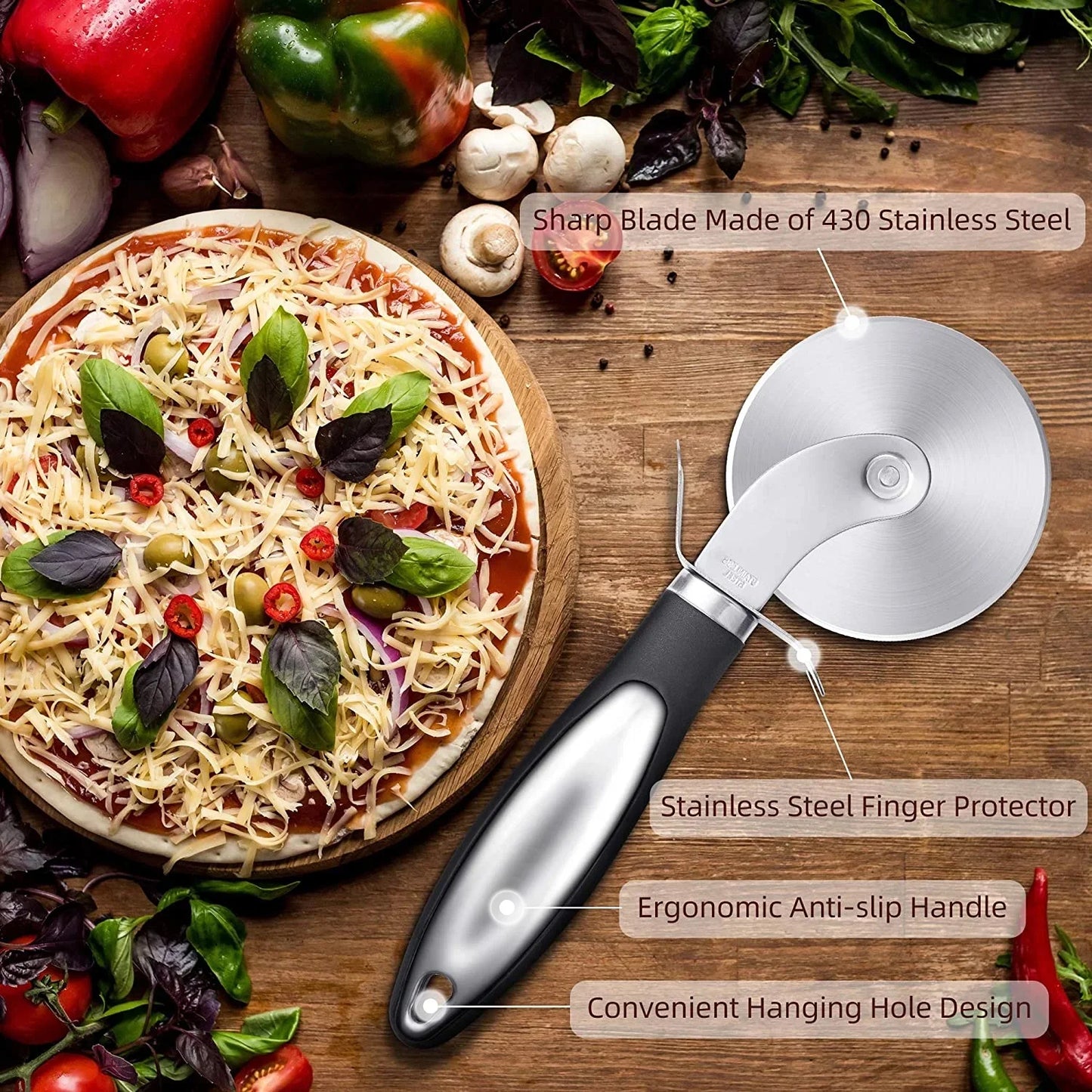 Professional Pizza Cutter Wheel - Premium Food Grade Stainless Steel, Heavy Duty Slicer with Non-Slip Handle and Finger Protector